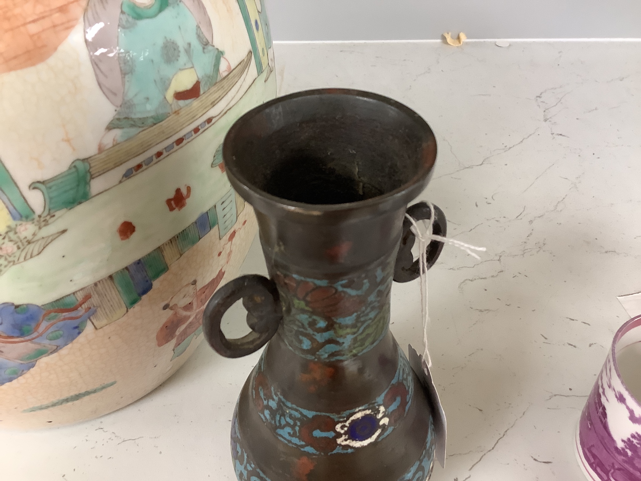 A large Chinese crackle glaze jar, height 24cm and a Japanese champleve enamel bronze vase